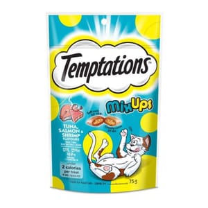 Temptations Temptations 貓零食 吞拿魚及蝦及三文魚 75g 75g 正面圖