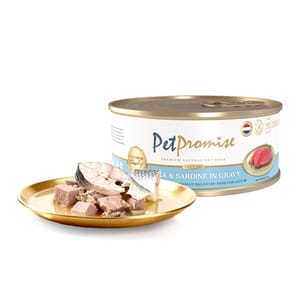 Pet Pet Promise 貓罐頭 荷蘭罐 AAFCO 主食罐 吞拿魚及沙甸魚肉粒 80g - 限時試食價 80g 正面圖