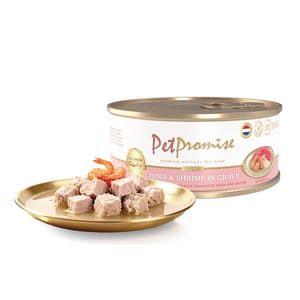 Pet Pet Promise 貓罐頭 荷蘭罐 AAFCO 主食罐 吞拿魚及蝦肉粒 80g - 限時試食價 80g 正面圖