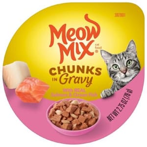 Meow Meow Mix 杯装濕糧 角切肉汁 三文魚+海洋魚 78g 78g  正面圖