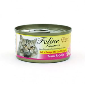 Feline Feline Gourmet 貓罐頭去毛球配方 吞拿魚及蟹肉 80g 80g  正面圖