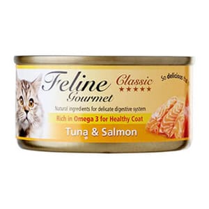 Feline Feline Gourmet 貓罐頭去毛球配方 吞拿魚及三文魚 80g 80g  正面圖