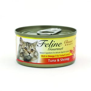 Feline Feline Gourmet 貓罐頭去毛球配方 吞拿魚及蝦 80g 80g  正面圖