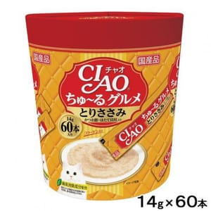 CIAO CIAO 肉泥 貓零食 金槍魚.鰹魚節貝柱肉醬 14g SC-137 60本罐裝 14g 正面圖