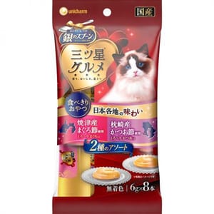 Unicharm Unicharm 貓零食 日本三星銀匙肉泥餐包 吞拿魚及鰹魚 48g 48g  正面圖