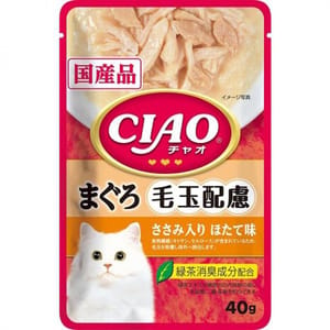 CIAO CIAO 貓濕糧 日本化毛球軟包系列 金槍魚+雞肉+扇貝味 40g IC-308 40g  正面圖