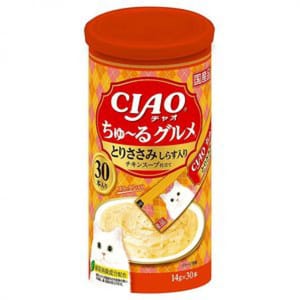 CIAO CIAO 肉泥 貓零食 雞肉及沙甸魚肉醬 14g 30本罐裝 14g  正面圖