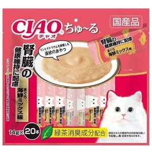 CIAO CIAO 肉泥 貓零食 腎臓健康維持 金槍魚什錦海鮮肉醬 14g 20本袋裝 14g  正面圖