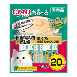 CIAO CIAO 肉泥 貓零食 下部尿路配慮 金槍魚什錦海鮮肉醬 14g 20本袋裝 14g  正面圖
