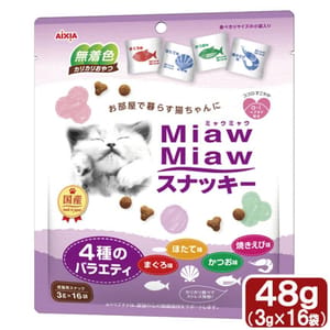 日本AIXIA 日本AIXIA 愛喜雅 MiawMiaw 貓脆餅 4種混合口味 金槍魚扇貝及鰹魚烤蝦 3g 16袋入 3g 正面圖