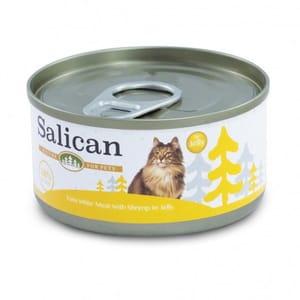 Salican Salican 貓罐頭 白肉吞拿魚鮮蝦啫喱 85g 黃 85g  正面圖