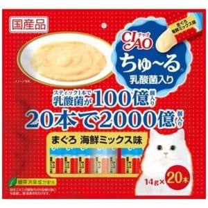 CIAO CIAO 肉泥 貓零食 健腸乳酸菌金槍魚扇貝鰹魚肉醬 14g 20本袋裝 14g  正面圖