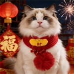 寵物圍巾 寵物圍巾 新年毛線醒獅發財配飾貓咪圍巾 款式隨機 1套   正面圖